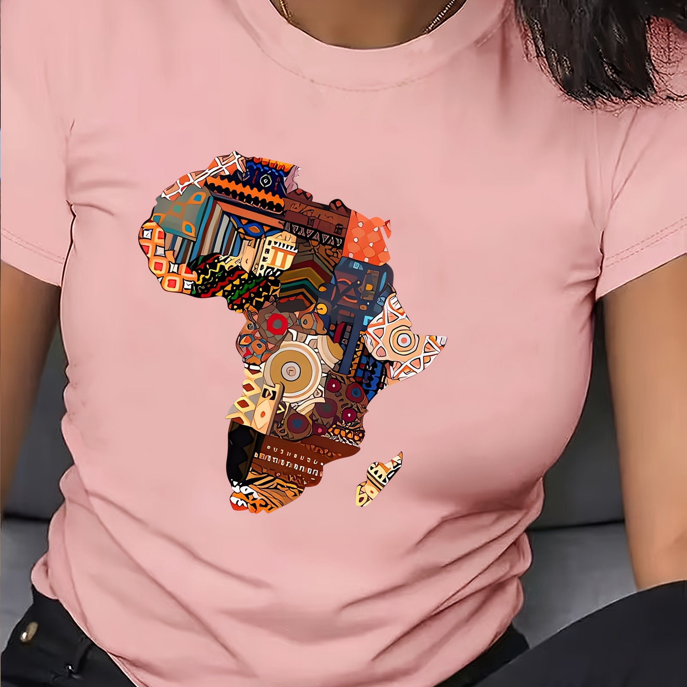 Women's African-Inspired Patchwork Print Casual Short Sleeve T-Shirt - Vibrant Red Round Neck Top with Cultural Motifs, Medium Stretch & Machine Washable for Spring/Summer, Casual Attire, Comfortable Fabric